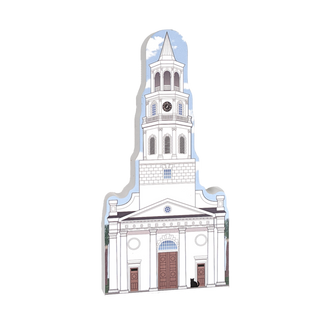 3/4" thick wooden Model of a church with a steeple on a white background