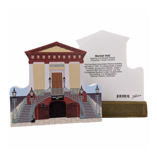 3/4" thick wooden Model of a historic building and a back model with text on a white background
