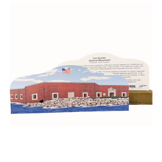 3/4" thick wooden model of Fort Sumter and a back model with black text on white background