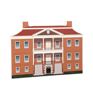 3/4" thick wooden Model of a two-story house with a red roof and red brick walls.