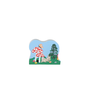 3/4" thick wooden replica with an illustration of mushrooms with a rabbit and easter eggs under a mushroom on a white background