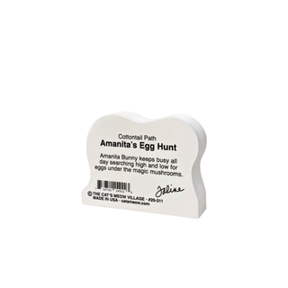 back of product with text about amanita's egg hunt on a white background