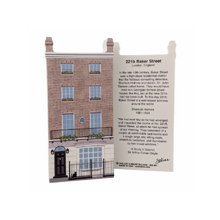 3/4" thick wooden cutout featuring 221b Baker Street with a brick building illustration and text.
