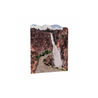 3/4" thick wooden replica with an illustration of a waterfall and large mountians 
