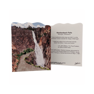 3/4" thick wooden replica with an illustration with a scenic illustration of Reichenbach Falls and descriptive text.
