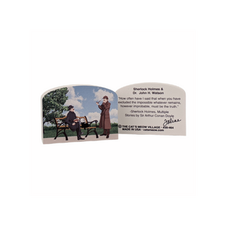3/4" thick wooden cutout with illustrations of Sherlock Holmes and Dr. John H. Watson, featuring a quote by Sherlock Holmes.