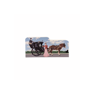 3/4" thick wooden cutout of a horse-drawn carriage with a man and woman on a white background