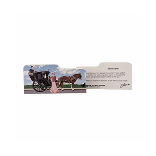 3/4" thick wooden cutout of an illustration of a horse-drawn carriage and two people, featuring text on a white background.