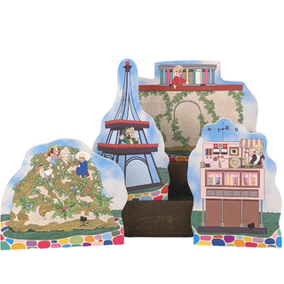 3/4" thick wooden replica with an illustration of a products scene with characters and buildings on a white background