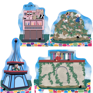 Set of four illustrated scenic cutouts with various elements on a white background