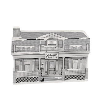 3/4" thick wooden replica with an illustration of a Black and white illustration of a boarding house named 'Ma Bailey's Boarding House'.