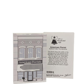 3/4" thick wooden replica with an illustration of 'American Florists' building illustration and text.