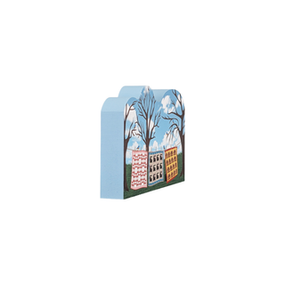 3/4" thick wooden illustration of quilts hanging between trees