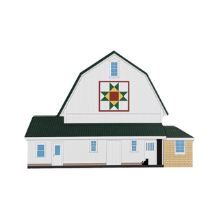 3/4" thick wooden illustration of a white barn with a quilt block