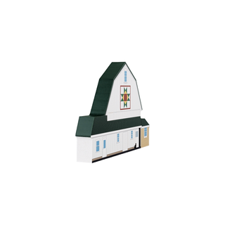 3/4" thick wooden illustration of a white barn with a quilt block