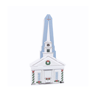 3/4" thick wooden illustration of a church with Christmas decor