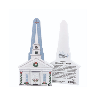 3/4" thick wooden illustration of a church with Christmas decor and a back model with text on a white background
