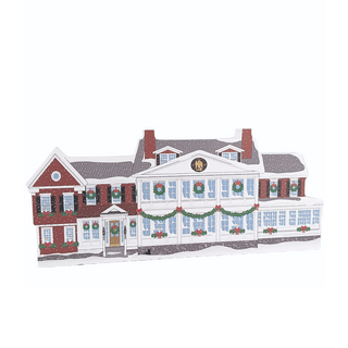 3/4" thick wooden illustration of a building with Christmas decor on a white background