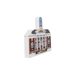3/4" thick wooden illustration of a hall with Christmas decor on a white background