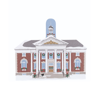 3/4" thick wooden illustration of a hall with Christmas decor on a white background