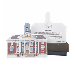 3/4" thick wooden illustration of a hall with Christmas decor and a back model with text on a white background