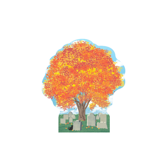 3/4" thick wooden Tree with autumn leaves in a cemetery setting