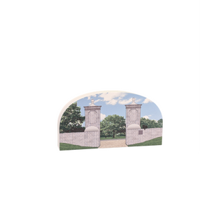 3/4" thick wooden illustration of arch-shaped cutout with a scenic view of stone arches, trees, and sky.