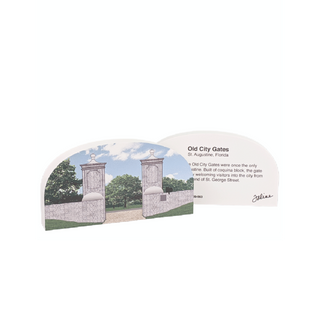 3/4" thick wooden illustration of arch-shaped cutout with a scenic view of stone arches, trees, and sky and a back model with text on a white background