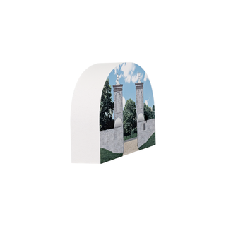 3/4" thick wooden illustration of arch-shaped cutout with a scenic view of stone arches, trees, and sky.