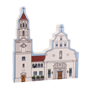 3/4" thick wooden illustration of a church with a tall steeple on a white background
