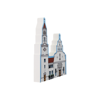 3/4" thick wooden illustration of a church with a tall steeple on a white background
