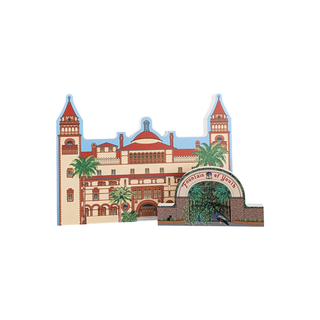 3/4" thick wooden llustrations of a castle-like building with towers and the fountain of youth entrance on a white background