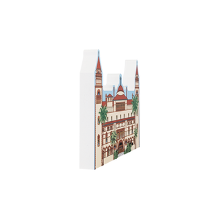 3/4" thick wooden illustration of a historic building with palm trees on a white background