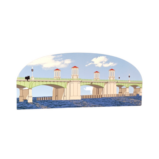 3/4" thick wooden illustration of a bridge with red towers and a blue sky.