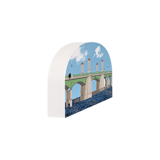 3/4" thick wooden illustration of a bridge with red towers and a blue sky.