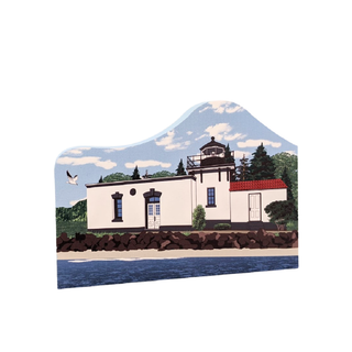 3/4" thick wooden replica with an Illustration of a lighthouse design on a white background