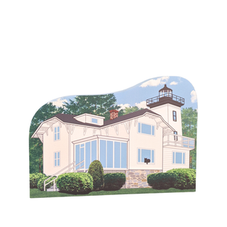3/4" thick wooden replica with an Illustration of a lighthouse design on a white background