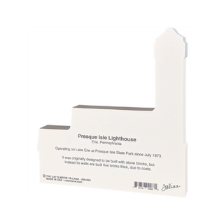 back of product with text about Presque Isle Lighthouse on a white background