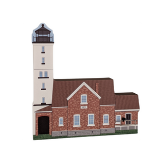 3/4" thick wooden replica with an Illustration of a lighthouse design on a white background