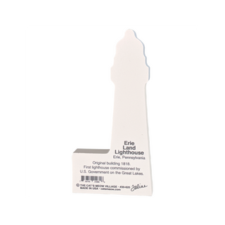 back of product with text about the erie land lighthouse