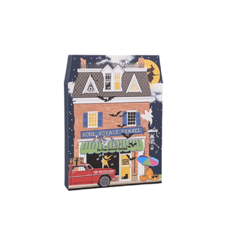 Halloween-themed 3/4" thick wooden house with a haunted house design, cars, and pumpkins.