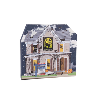 3/4" thick wooden Halloween-themed house with spooky decorations and a 'For Sale' sign.