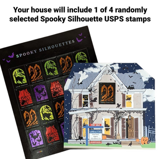 Spooky Silhouettes USPS stamps with a 3/4" thick wooden house illustration on a white background