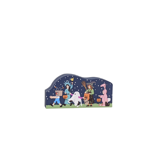 Decorative Halloween-themed 3/4" thick wooden cutout with cartoon characters on a white background