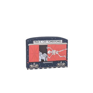 Decorative 3/4" thick wooden tombstone with skeleton design and 'Fred E. Cat Tombstones' text on a white background