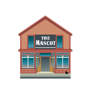 wooden replica with an Illustration of a two-story building with 'The Mascot' sign 