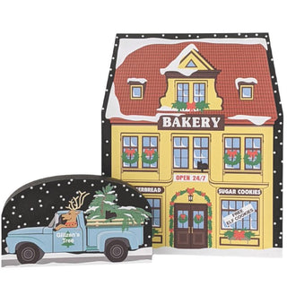 3/4" thick wooden replica with an illustration with a bakery and truck design on a white background