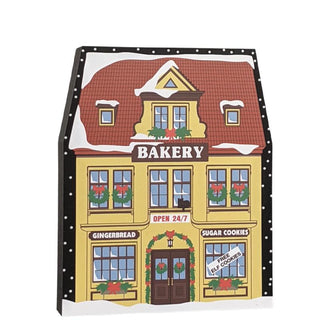 3/4" thick wooden replica with an illustration of a  bakery with a snowy roof