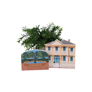 3/4" wooden replica with an illustration of a house with a tree and a landscape scene on a white background
