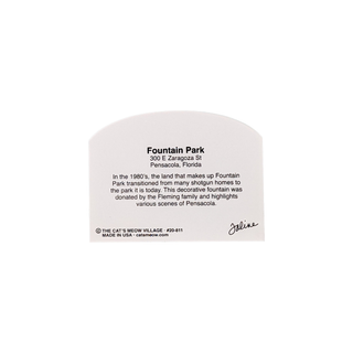 back of product with black text about the fountain park on a white background